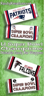 Get ready for your Super Bowl party with these printable candy bar wrappers. Whether your cheering on the New England Patriots or the Atlanta Falcons these party favors are perfect to make you the super fan at the big game.