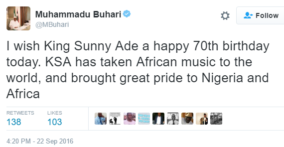 President Buhari congratulates veteran musician King Sunny Ade on his 70th Birthday 