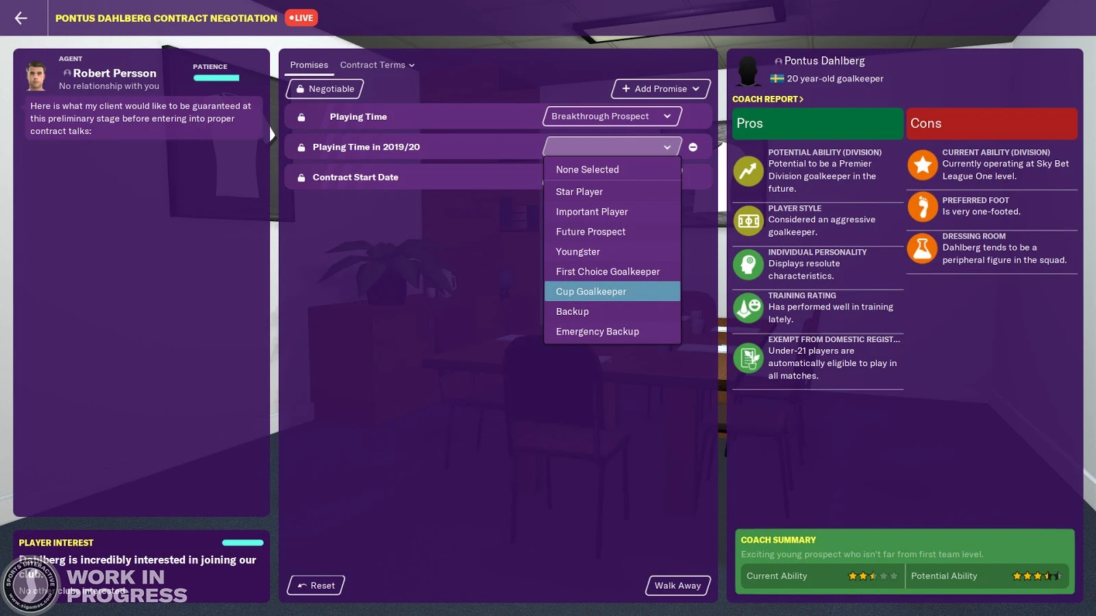 A goalkeeper's contract options in Football Manager 2020