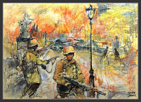 PARACAIDISTAS-DEFENSA-PUENTE-BERLIN-BATALLA-FUEGO-TANQUES-RUSOS-PINTURA-ARTISTA-PINTOR-ERNEST DESCALS