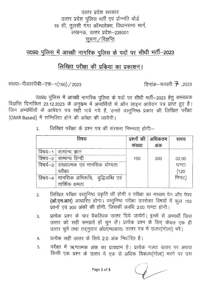 उ०प्र० पुलिस में आरक्षी नागरिक पुलिस के पदों पर सीधी भर्ती- 2023 के अंतर्गत लिखित परीक्षा की प्रक्रिया का प्रकाशन