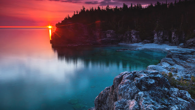 Wallpaper Canada, Sunset, Sea, Rocks, Forest