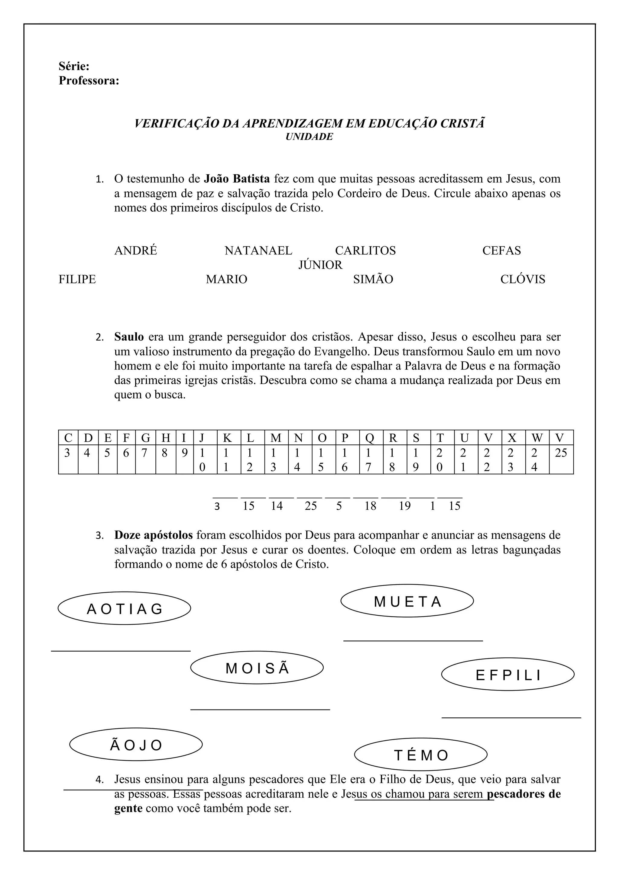 VERIFICAÇÃO DA APRENDIZAGEM 4º ANO