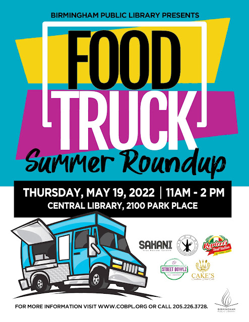 Summer Food Truck Roundup Flyer featuring a food truck on a bright blue and white background