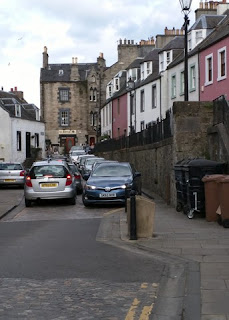 Traffic jam on narrow main street, South Queensferry, Scotland