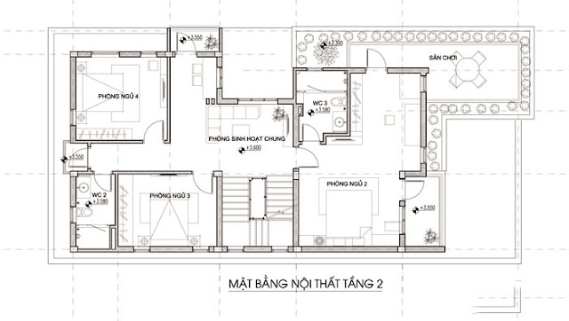 Thiết kế biệt thự đẹp 3 tầng 5 phòng ngủ - Mặt bằng tầng 2