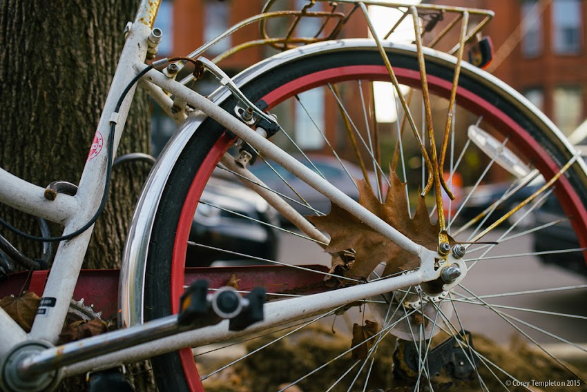 Portland, Maine USA December 2015 photo by Corey Templeton of a bicycle parked on Deering Street on a warm afternoon in December.