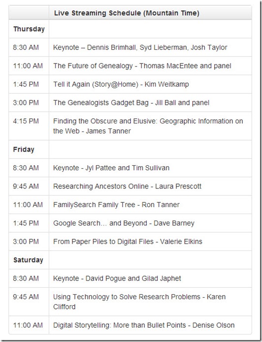 RootsTech 2013 Live Streaming Schedule