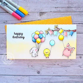 Sunny Studio Blog: Birthday Card by Vanessa Menhorn (using Chickie Baby, Chubby Bunny, Hogs & Kisses, A Bird's Life, Banner Basics, Floating By, & Oceans of Joy Stamps)