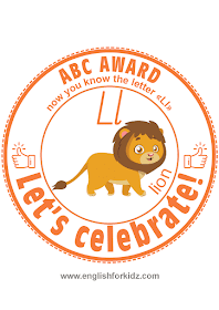 Printable award for ABC learning -- letter l is for lion