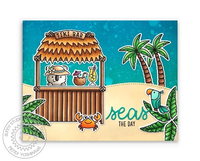 Sunny Studio: Koala with Tiki Bar Card (using Tiki Time, Beach Buddies, Tropical Scenes & Oceans of Joy Stamps and Loopy Letters & Slimline Nature Border Dies)