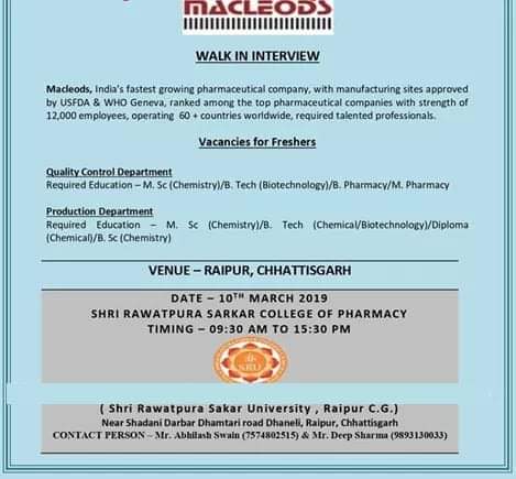 MacLeods | Walk-in interview for Freshers | 10th March 2019 | Raipur