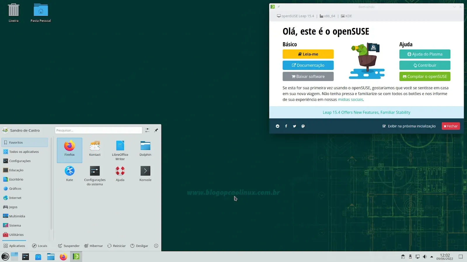 openSUSE Leap 15.4 com o ambiente de área de trabalho KDE Plasma