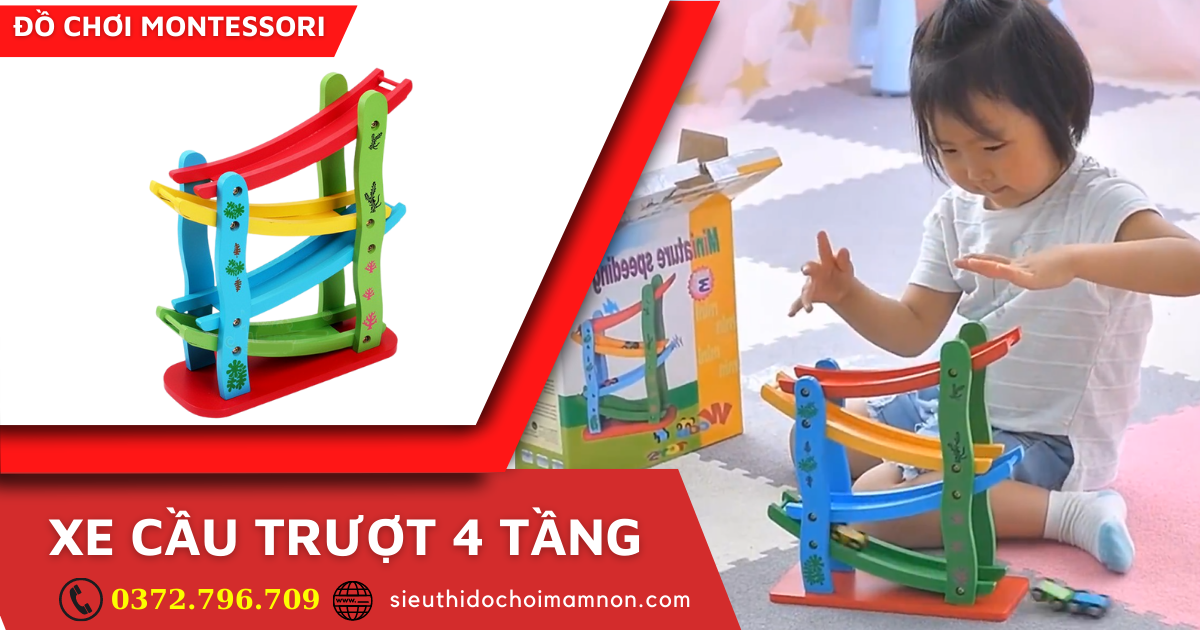 Đồ Chơi Xe Cầu Trượt 4 Tầng Tháp Bằng Gỗ Màu Sắc Khác Nhau