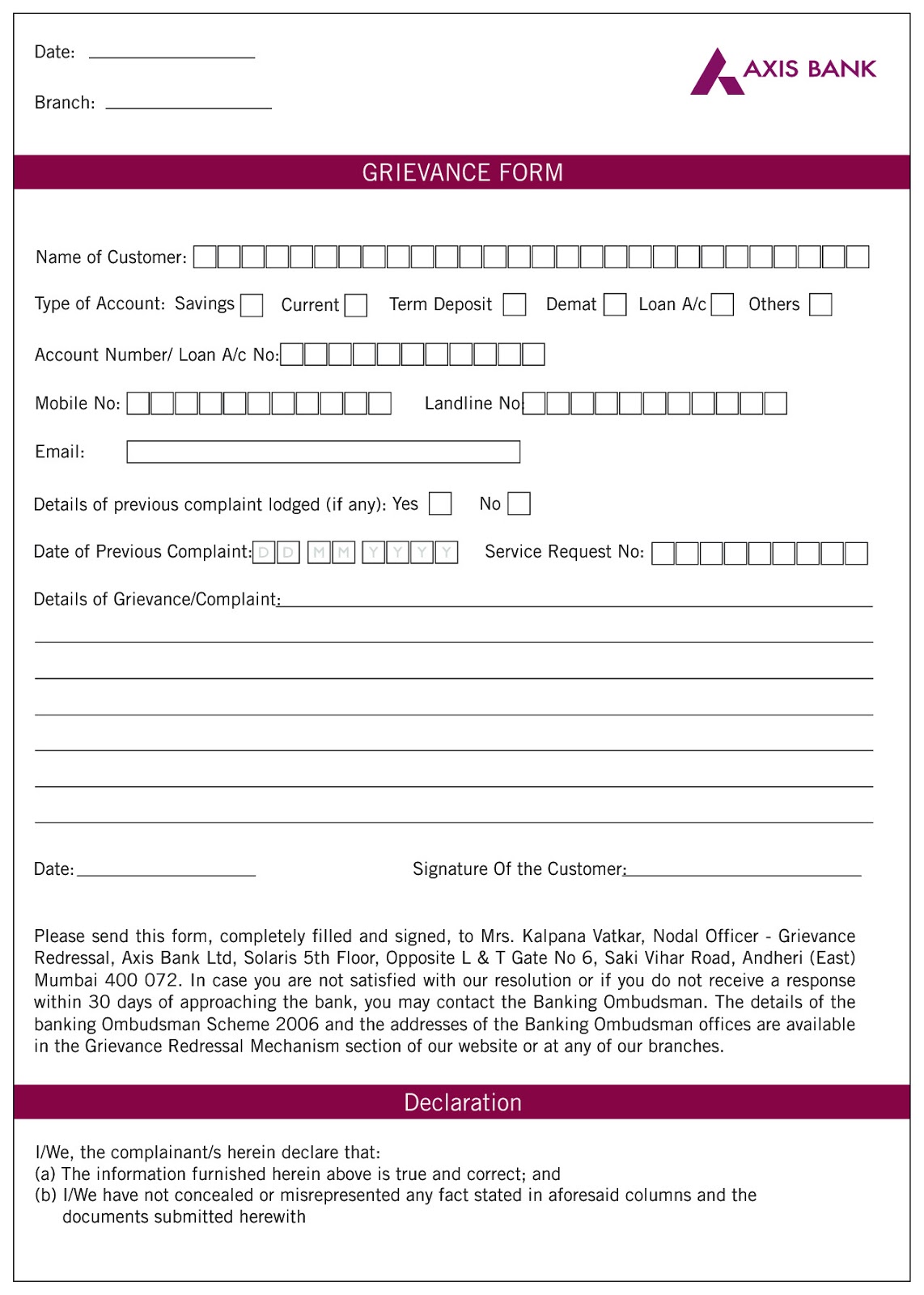 posting form http  axisbank com download grievance form pdf