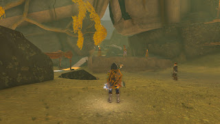 a fallen ruin at the entrance to the Gerudo Canyon, which a Gerudo guard blocking the way through