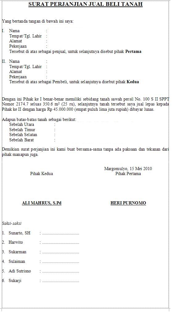 Contoh Surat Perjanjian Jual Beli Tanah | Otak Kreatif