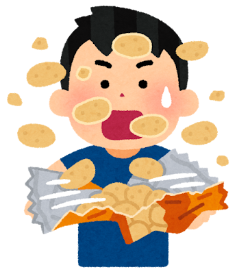お菓子の袋を勢いよく開けた人のイラスト