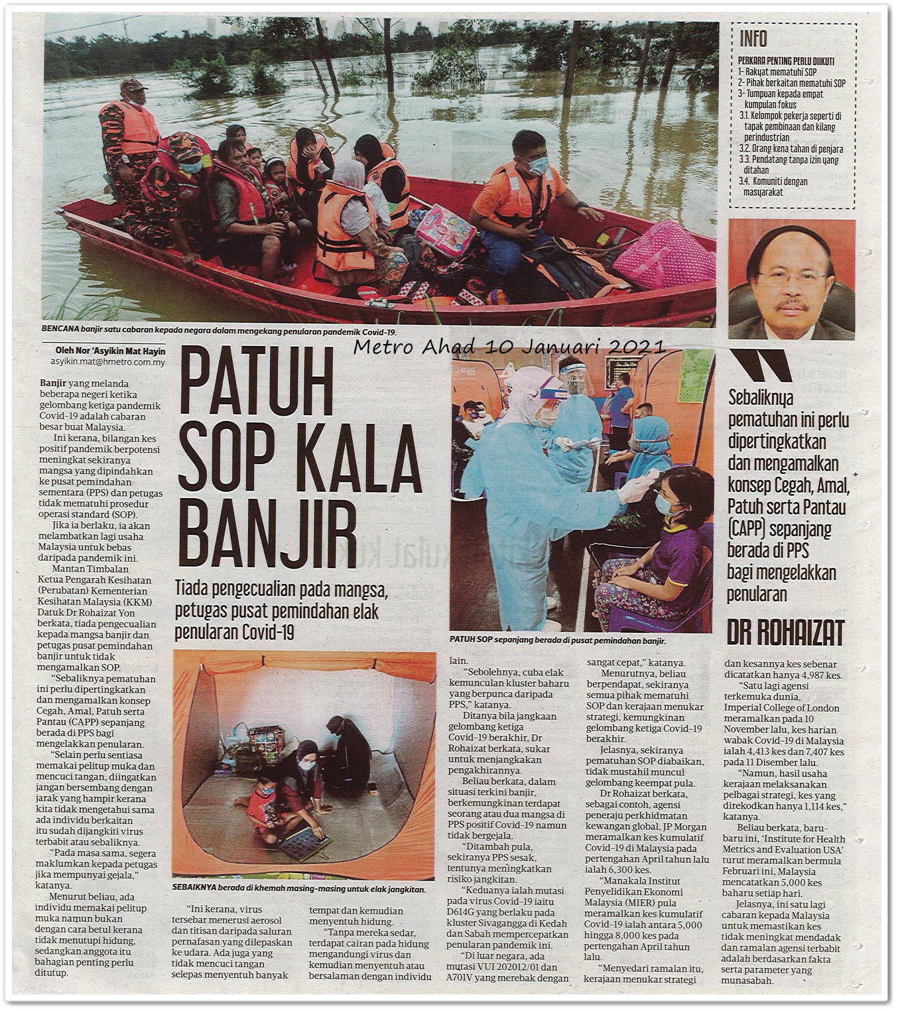 Patuh SOP kala banjir - Keratan akhbar Metro Ahad 10 Januari 2021