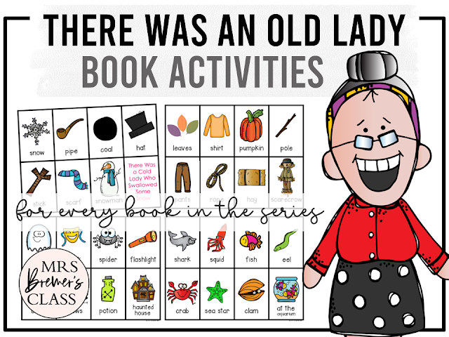 There Was an Old Lady Who Swallowed literacy activities and reading printables for every book in the series by Lucille Colandro for Kindergarten and First Grade