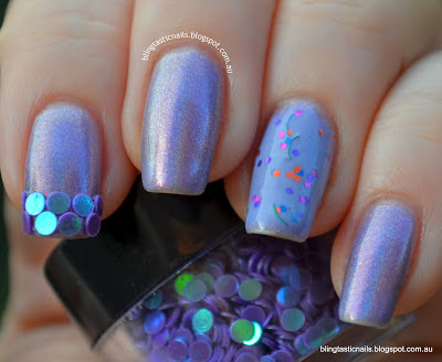 Girly Bits Twitterpated with Purple Circle Glitter accent nail