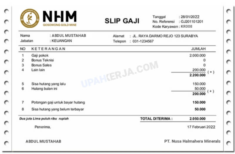 Slip Gaji Karyawan PT Nusa Halmahera Minerals