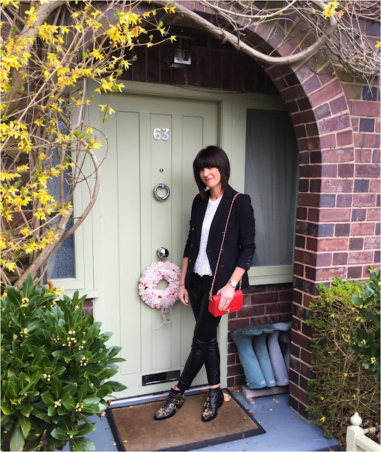 My Midlife Fashion, Zara Lace Top, Marks and Spencer Double Breasted Limited Edition Blazer, leather quilted handbag, French Connection faux leather cropped trousers, chloe studded susanna ankle boots