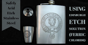 Stainless Steel Hipflask Etched with Edinburgh Etch Solution (Ferric Chloride) using Vinyl Resists Cut with Silhouette Cameo.  Tutorial by Nadine Muir for Silhouette UK Blog