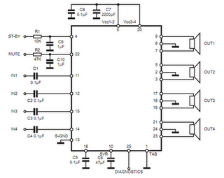 Rangkaian Skema TDA7383 - Car Quad Audio Amplifier 35W Circuit