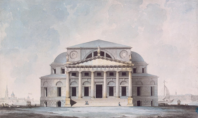 Building of the Stock Exchange in St Petersburg. Facade and Perspect by Giacomo Quarenghi - Architecture Drawings from Hermitage Museum