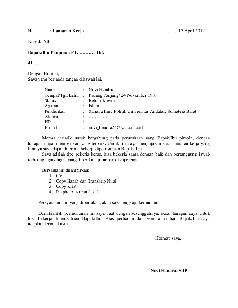 Contoh Surat Lamaran Kerja Administrasi Bahasa Indonesia 