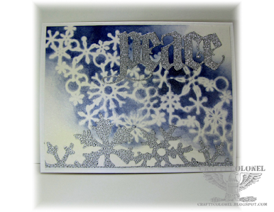 CraftyColonel Donna Nuce for Cards in Envy Simple Cards,  Tim Holtz thinlits and Snow Flurries. Memory Box Stencil