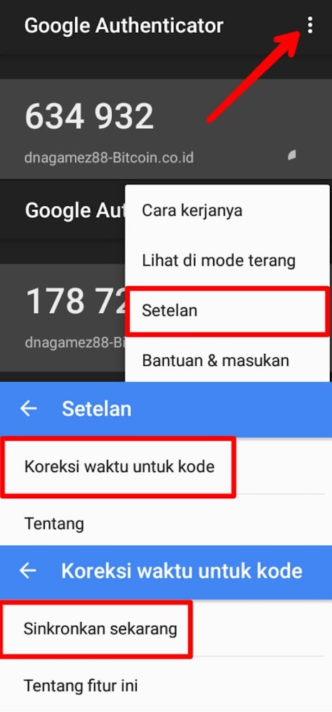 Masuk ke Google Auth pilih menu navigasi yang berada di pojok kanan atas (titik 3) dan Pilih "Setelan" > "Koreksi waktu kode" dan pilih "Sinkronkan sekarang".