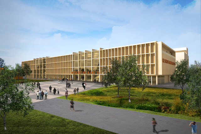 Picture of wooden exterior of the library and people walking towards it