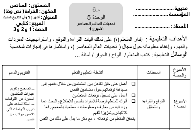 جذاذات الوحدة الخامسة كتابي في اللغة العربية للمستوى السادس