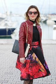 full flower print midi skirt, red leather jacket, Calzedonia crochet tights, Moschino notes bag, Fashion and Cookies, fashion blogger