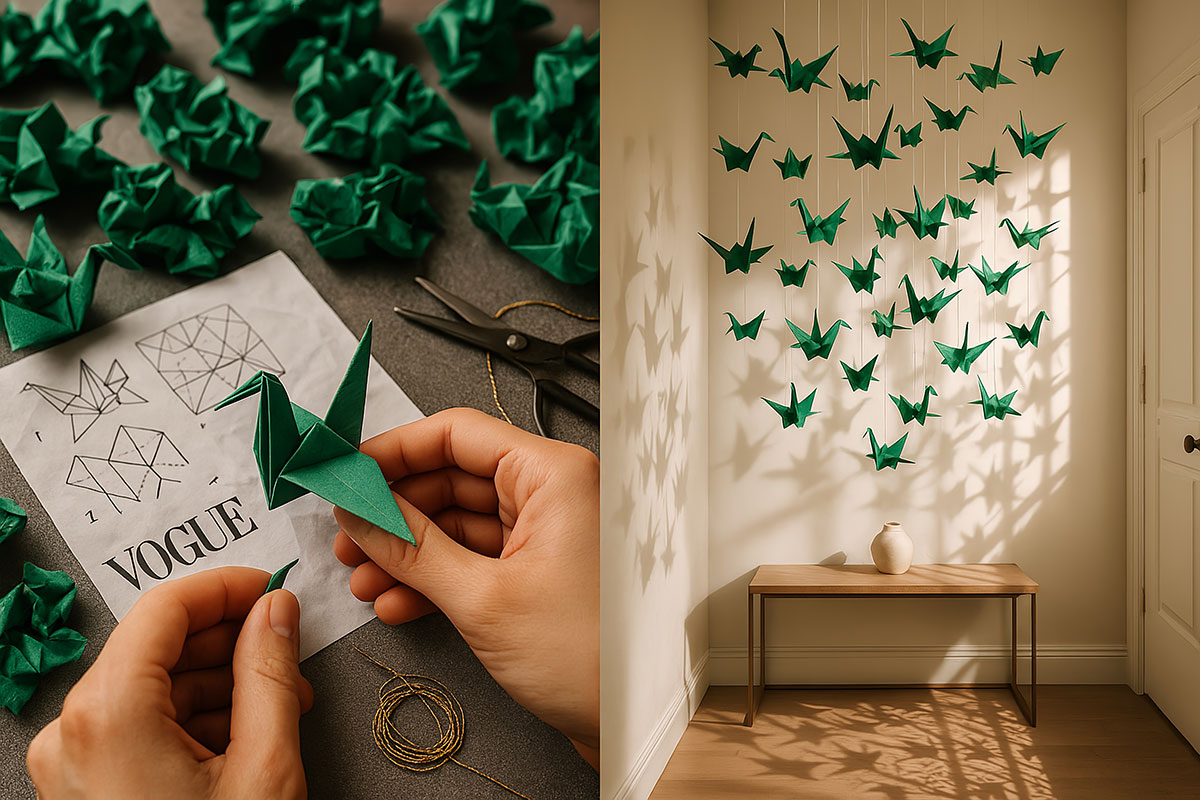 Origami Wall Display: Paper Crane DIY Origami wall art DIY: folding paper cranes to hanging installation in home decor - step by step process
