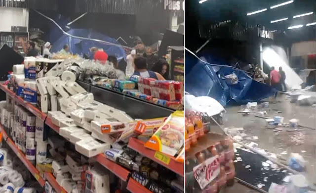 Tragédia caixa de agua cai em cima de supermercado