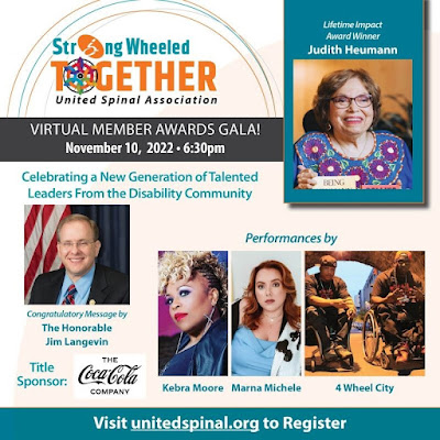 Strong Wheeled Together Virtual Member Awards Gala 2022 promo image with photos of Jim Landevin, Judith Heumann, Kebra Moore, Marna Michele, and 4 Wheel City