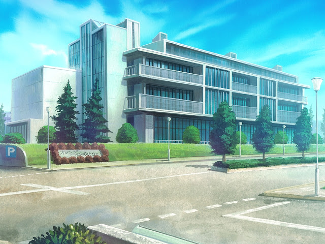 Big Building with Parking Lot (Anime Background)