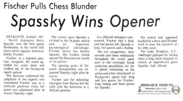 Spassky Wins Opener: Fischer Pulls Chess Blunder