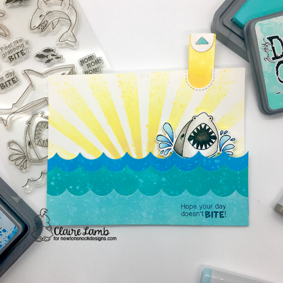 Hope your day doesn't bite by Claire features Shark Bites, Sky Borders, and Sunscape by Newton's Nook Designs; #inkypaws, #newtonsnook, #sharkcards, #stenciling, #cardmaking