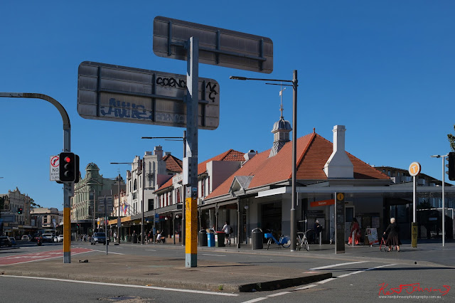 Newtown Station & King St seen from the traffic island at Enmore Road. Fujifilm X100VI in Newtown
