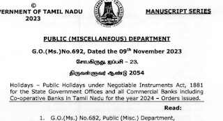 Public Holidays 2024 - TN Government Published - G.O NO : 692 , Date : 09.11.202 - PDF