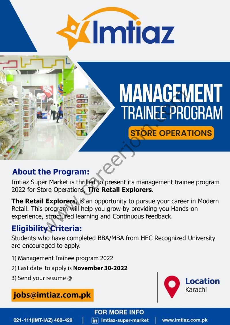 Imtiaz Super Market Management Trainee Program jobs 2022