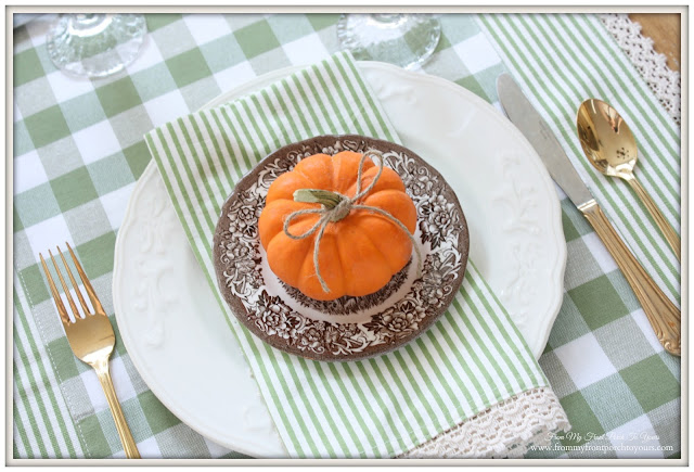 Brown- Transferware-Farmhouse Style-Grenn Gingham-Green Ticking Stripe- Fall Kitchen--From My Front Porch To Yours