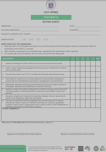 Official Form for Proficient Teachers COT-RPMS Rating Sheet SY 2024-2025 | Download Here!