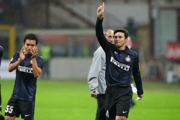 Inter Milan captain Javier Zanetti salutes the crowd after a match against Livorno