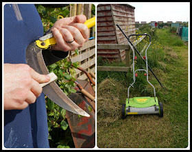 A little scythe and hand powered mower - 'growourown.blogspot.com' ~ an allotment blog