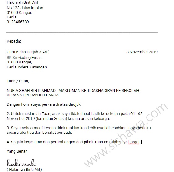 Surat Kiriman Rasmi Tidak Hadir Ke Sekolah Kerana Masalah 